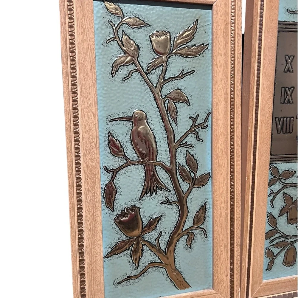 Veg Mid Century 3 Panel Teal/Green Wall Art Clock W/Hummingbirds & Tulips Quarts